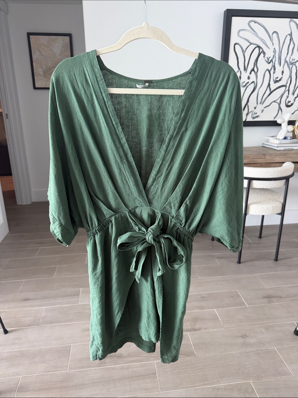 Deep Green V-Neck Mini Dress with Tie Waist